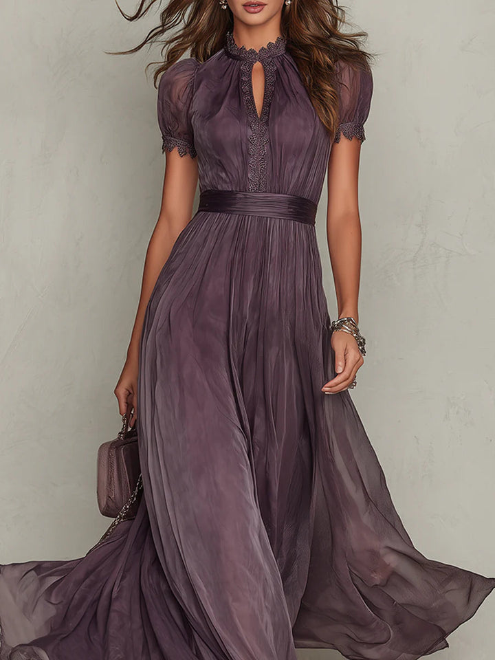 Flavia | Elegancka Fioletowa Sukienka Maxi z Chiffonu z Wycięciem
