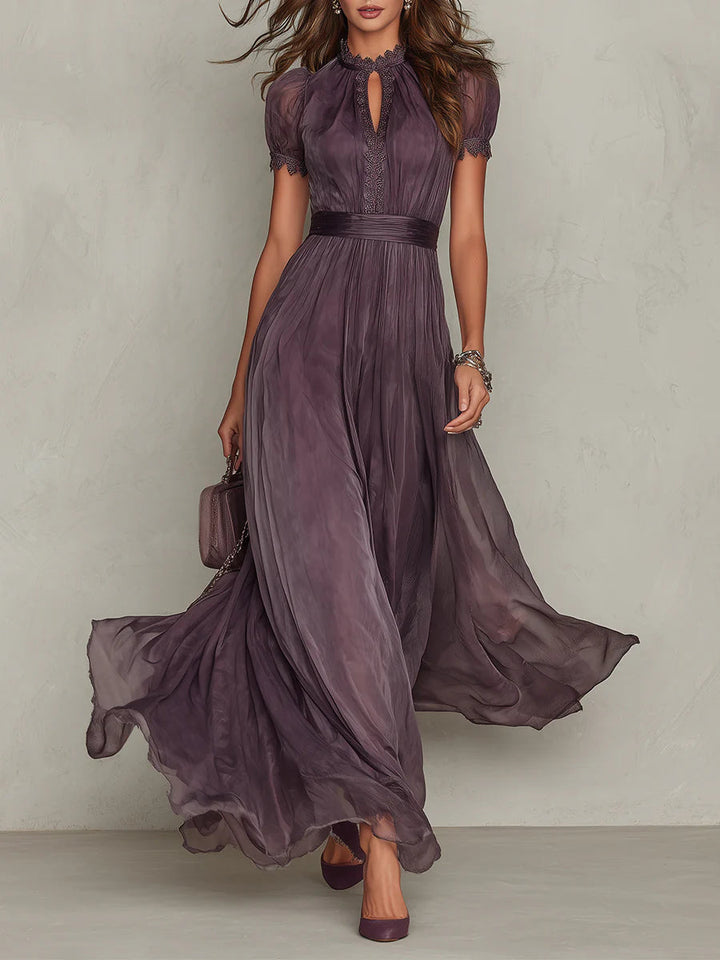 Flavia | Elegancka Fioletowa Sukienka Maxi z Chiffonu z Wycięciem