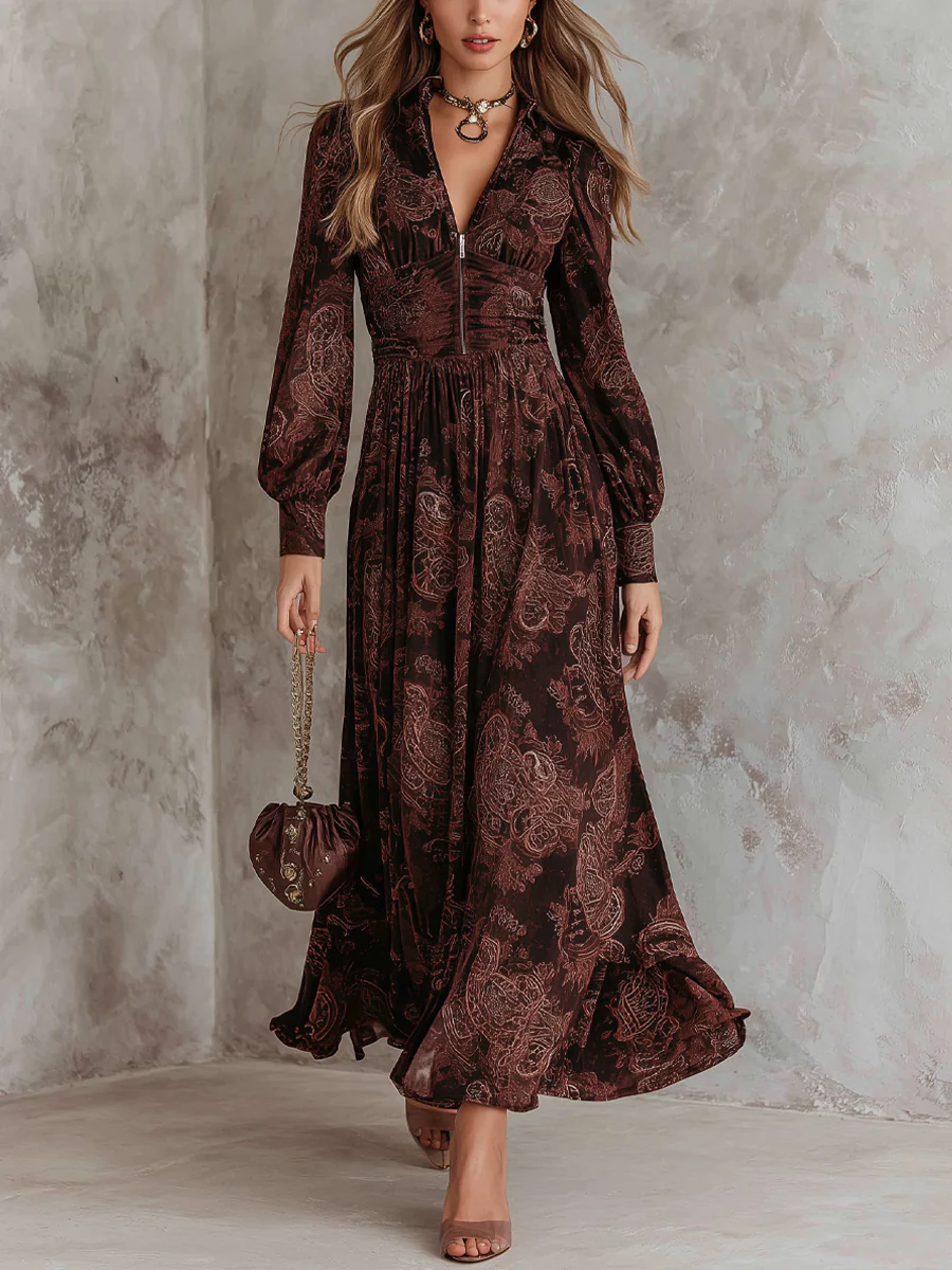 Amelia – Maxi Sukienka Paisley z Długimi Rękawami