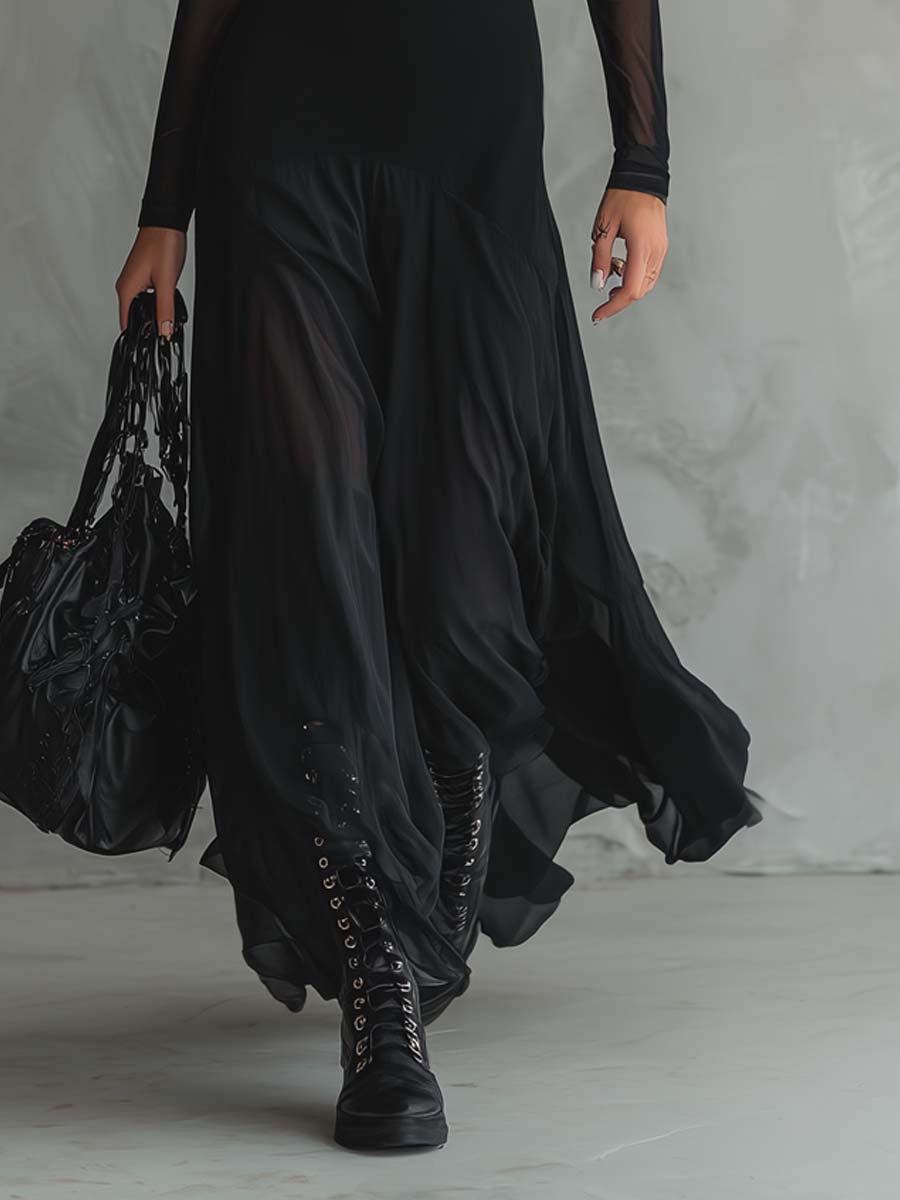 Elena | Czarna maxi sukienka z przezroczystymi rękawami